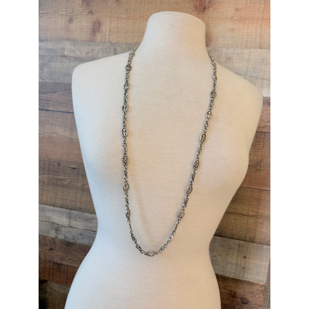 Silver Tone Ornate Filigree Cross Station Long Chain Necklace